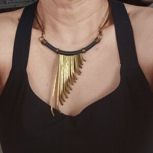 Modernist Brutalist  Brass Statement Fringe Choker Boho Necklace